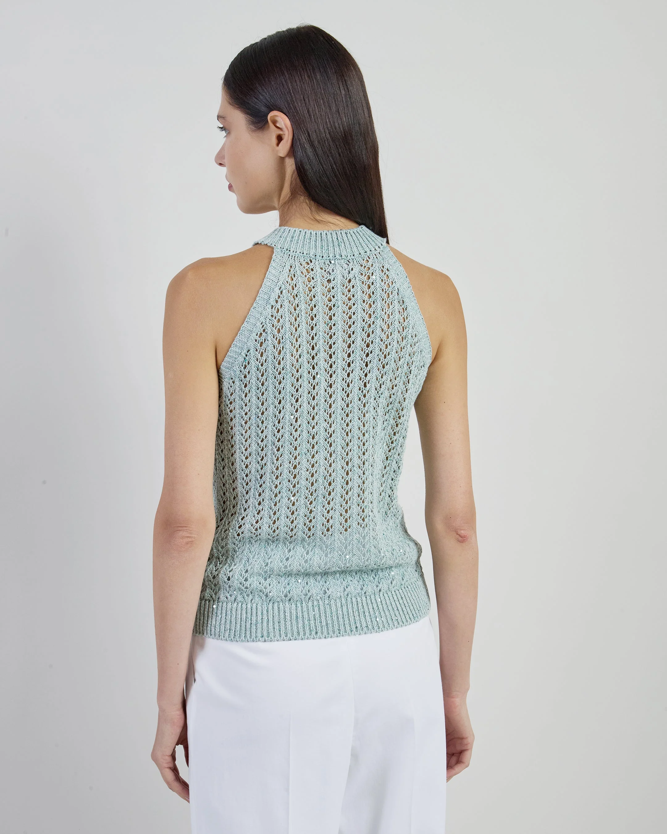 Women's Cotton and Linen Sleeveless Sequin Sweater | Eleventy - Image 3