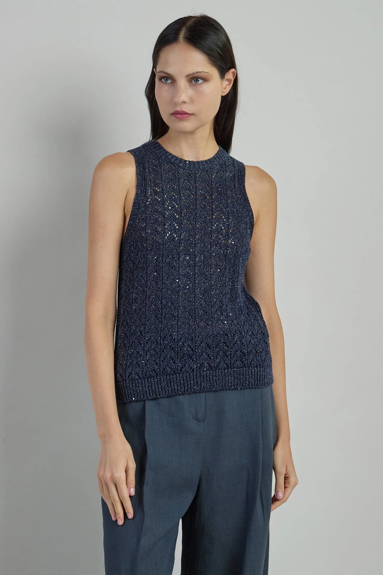 Cotton Linen Sleeveless Sweater with Sequin Details | Eleventy - Image 2