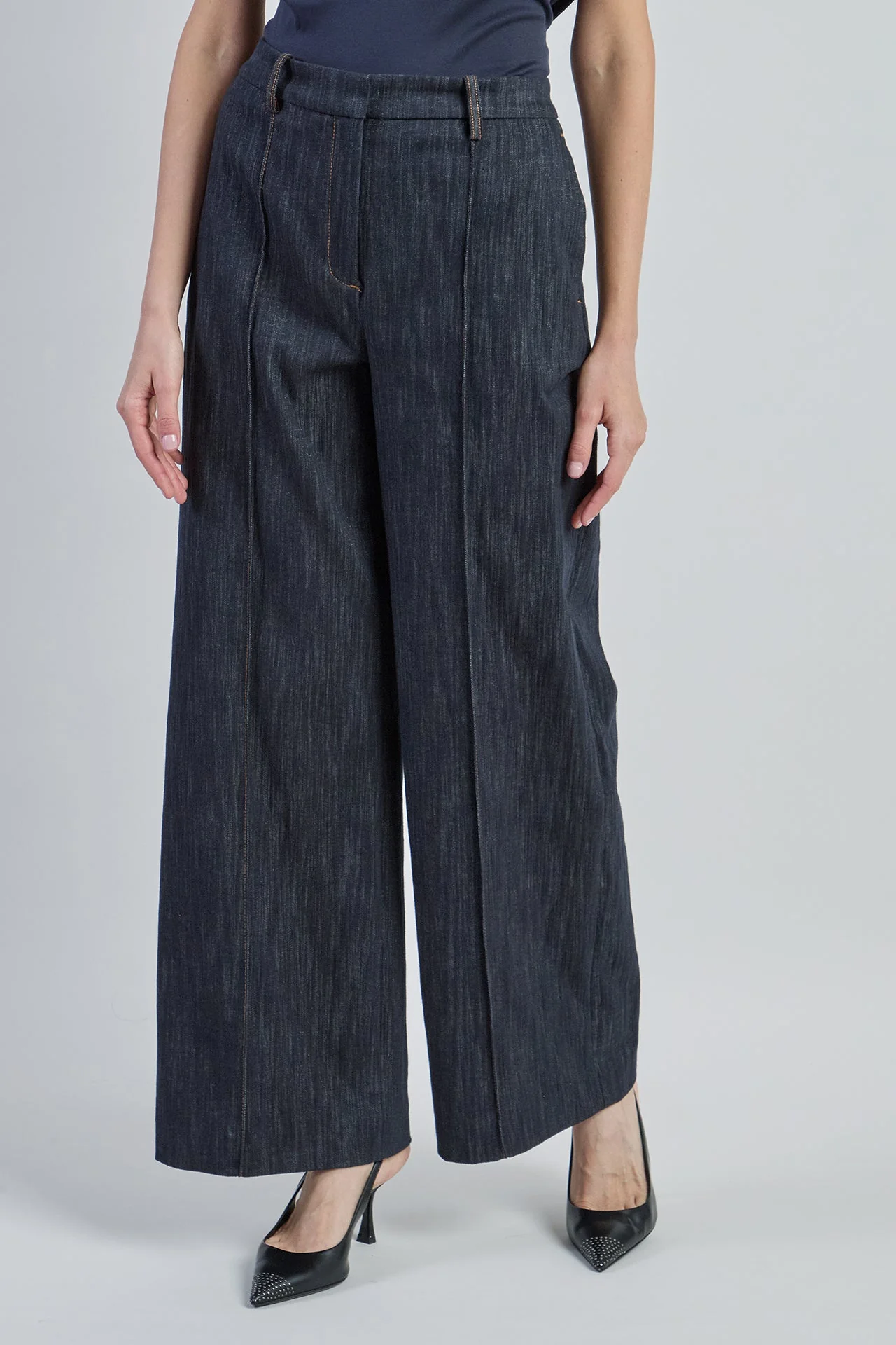 Flared Cotton Trousers with Denim Effect and Lurex | Eleventy - Image 2
