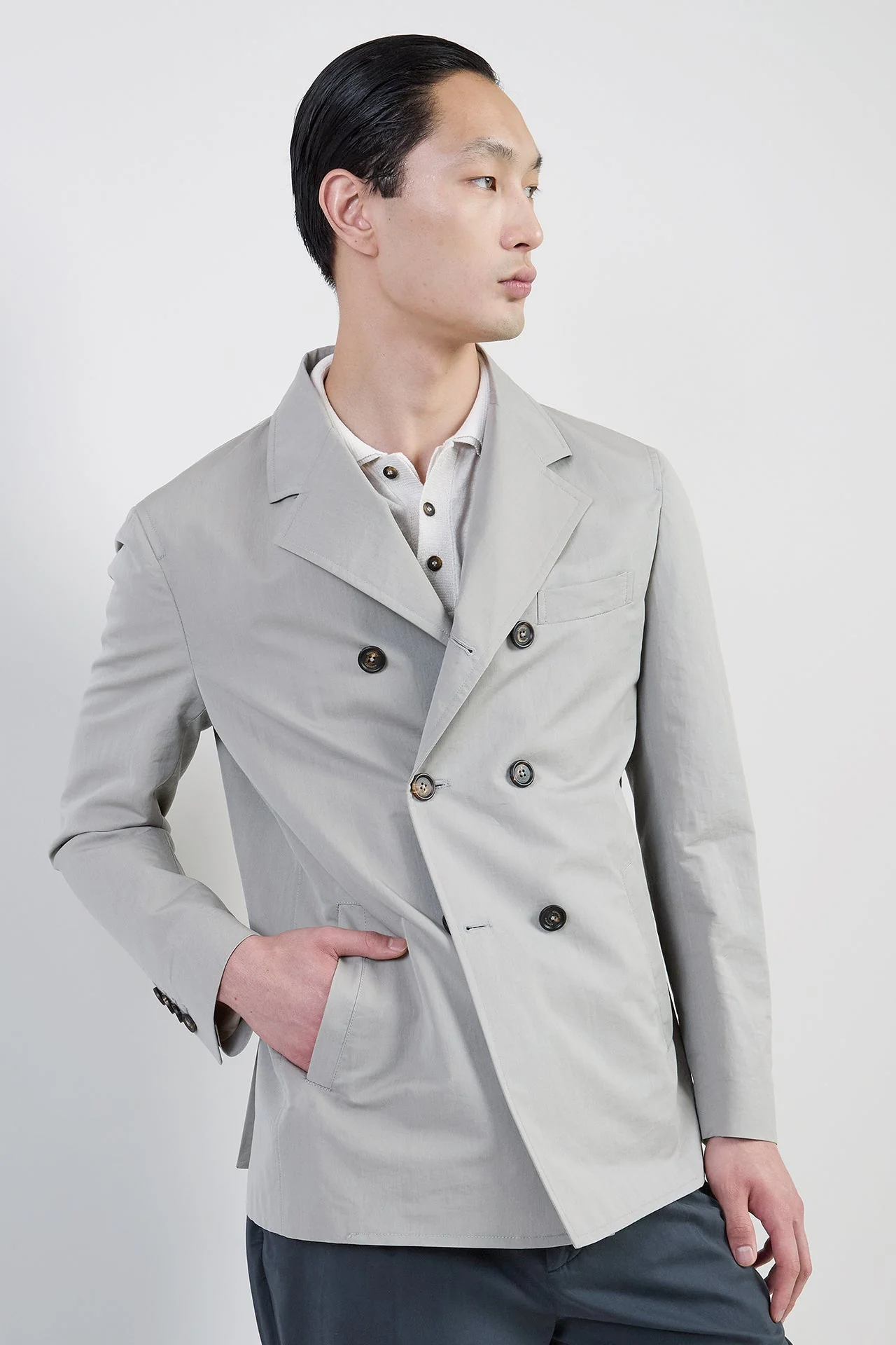 Men's Double-Breasted Peacoat in Cotton and Silk Blend | Eleventy - Image 2