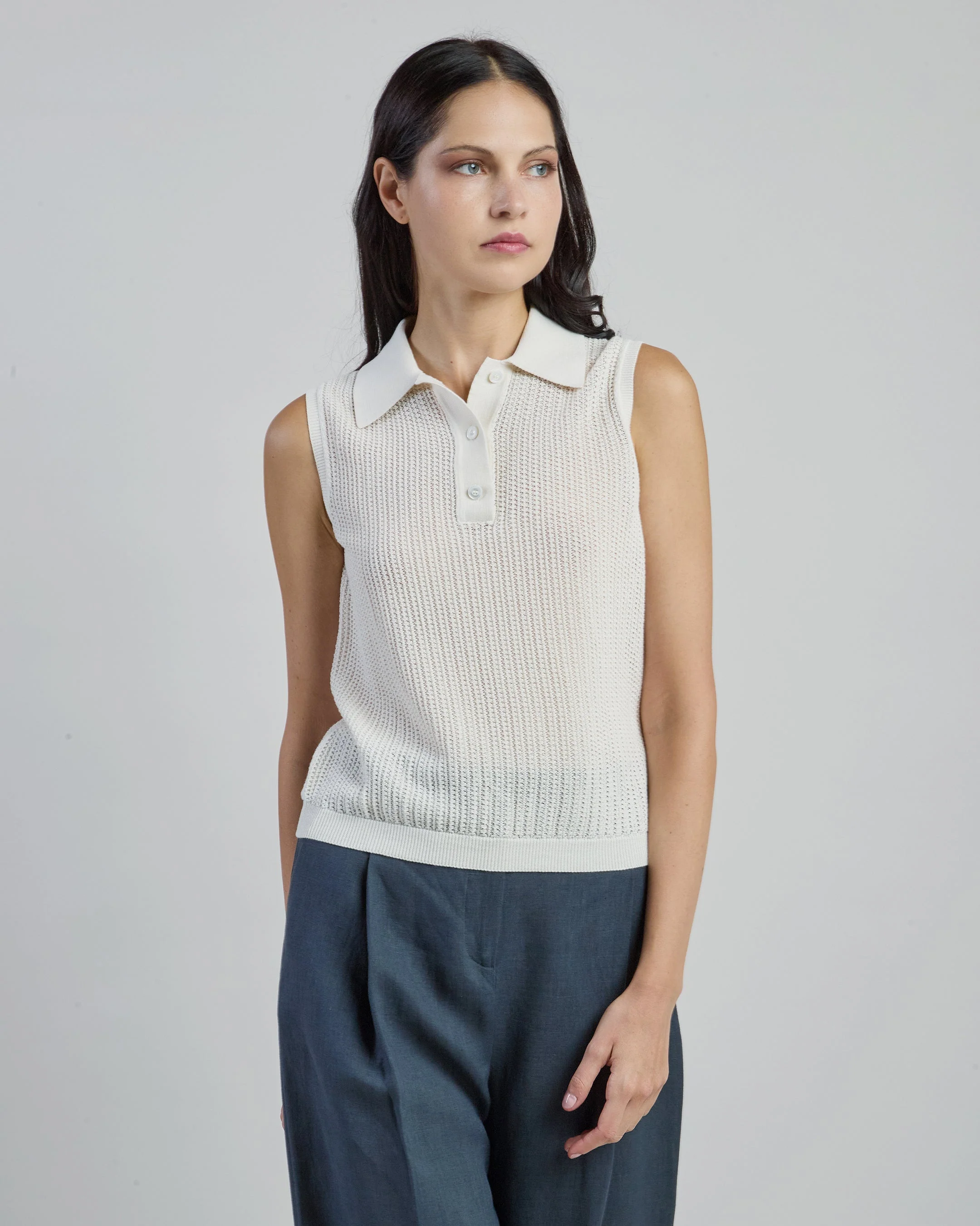 Women's Sleeveless Organic Cotton Knitted Polo | Eleventy - Image 2