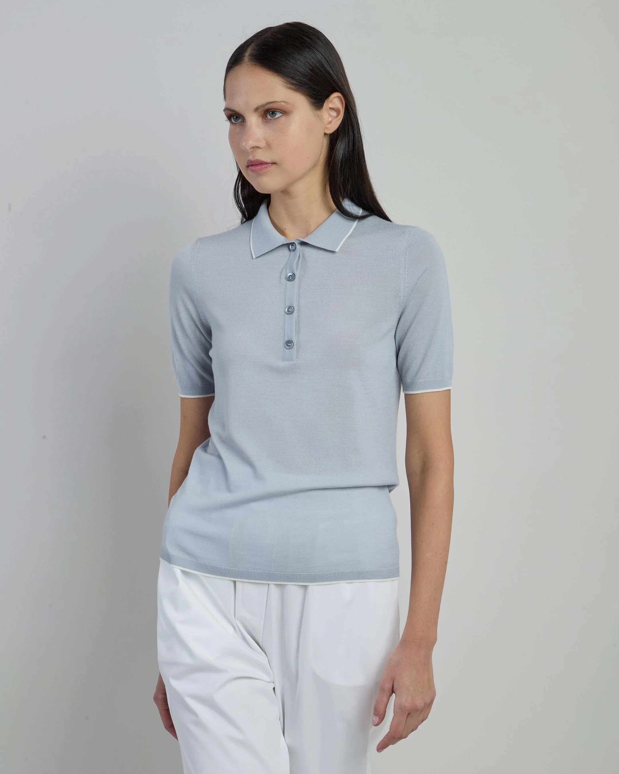 14 Micron Wool Slim Fit Knitted Polo with Contrast | Eleventy - Image 2