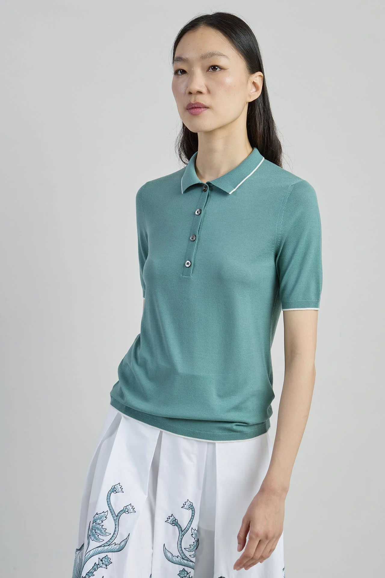 14 Micron Wool Slim Fit Knitted Polo with Contrast | Eleventy - Image 5