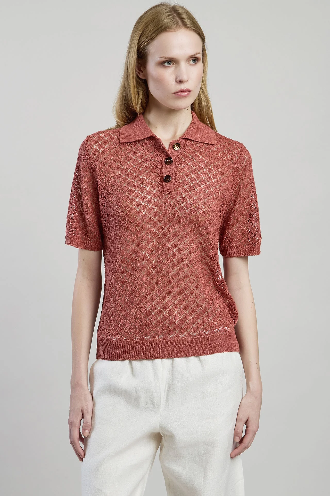 Linen and Silk Knitted Polo Shirt with Exclusive Stitch | Eleventy - Image 3