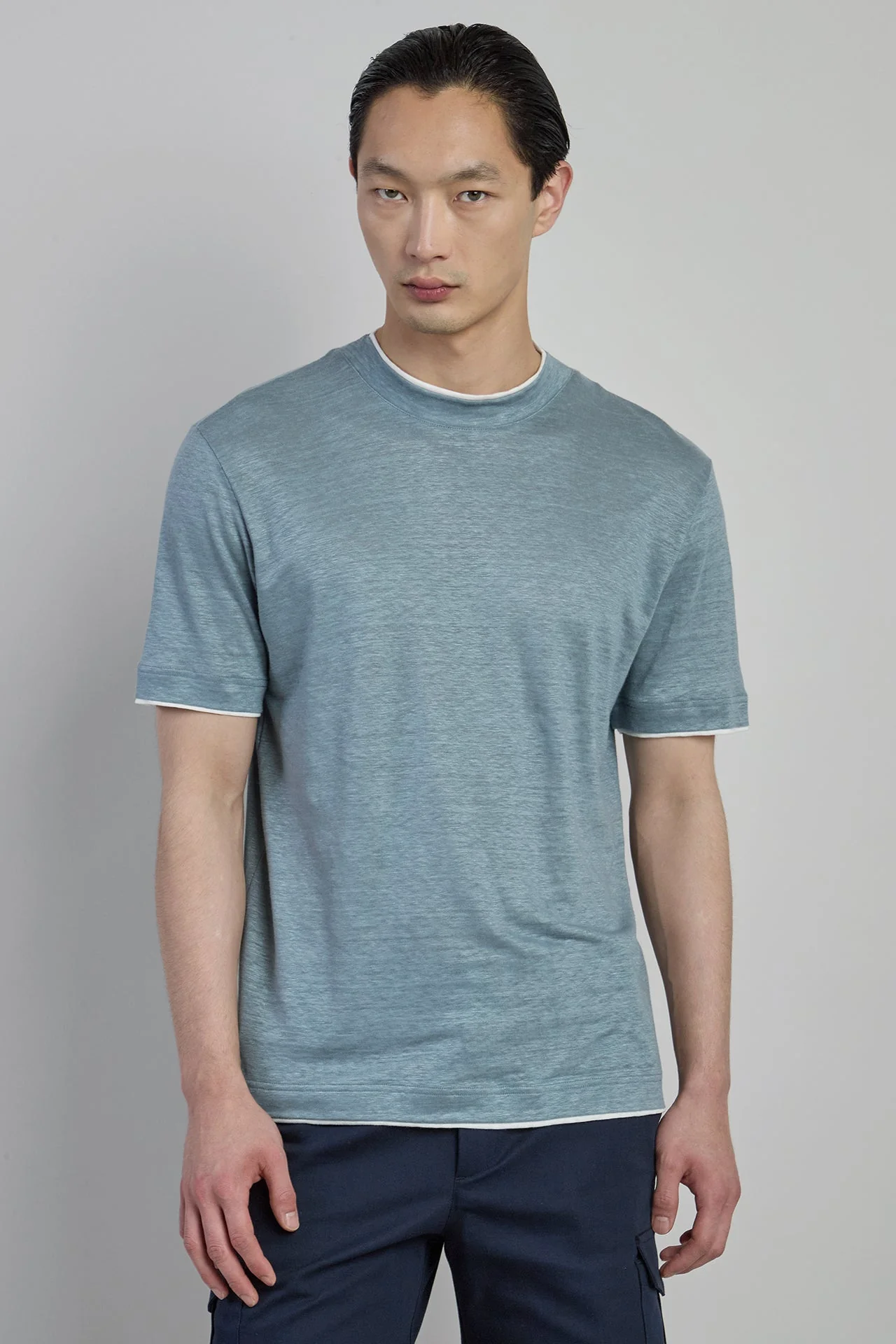 Men's Crew Neck Linen T-shirt with High Collar | Eleventy - Image 2