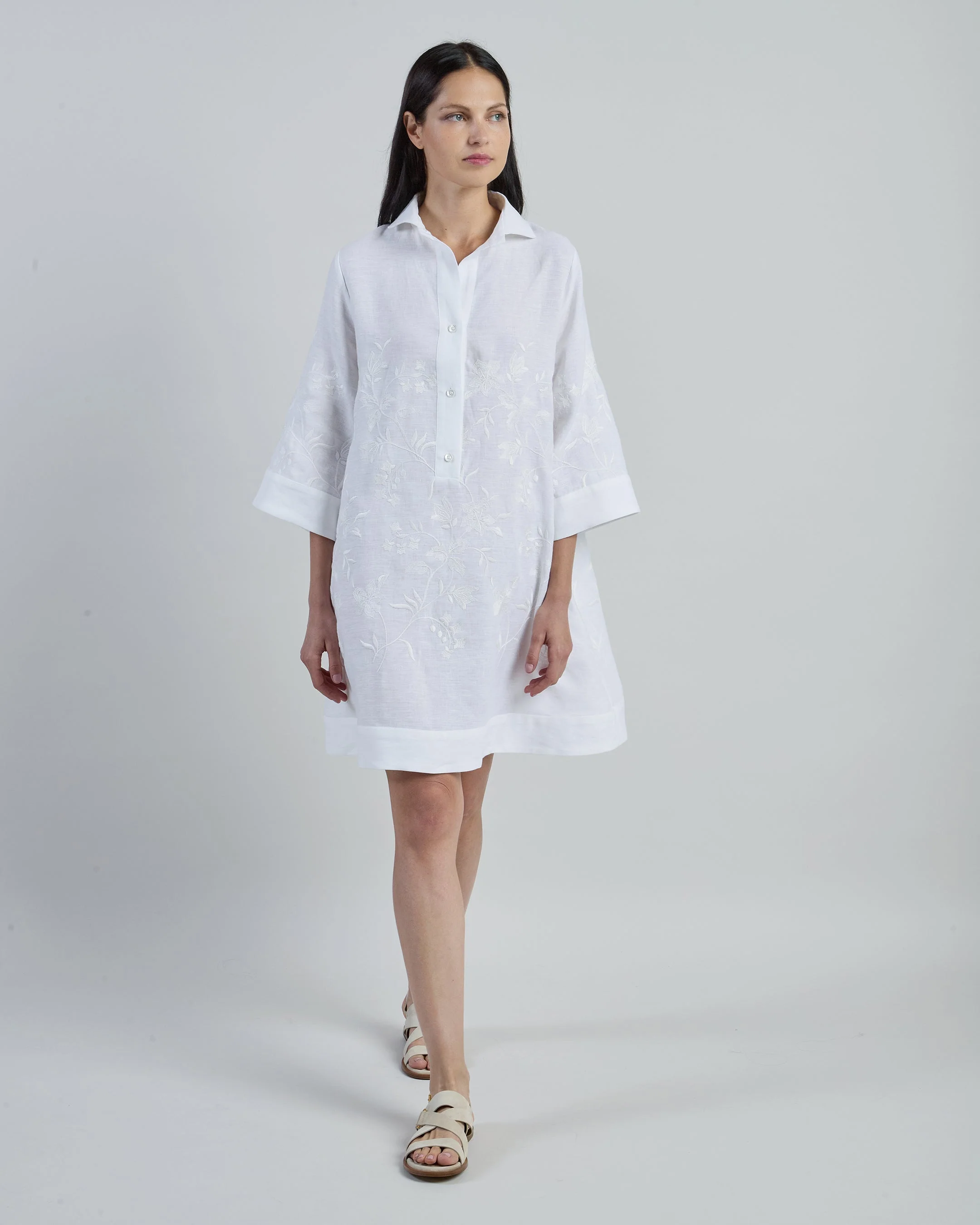 Floral Embroidered Linen Day Dress for Women | Eleventy - Image 2