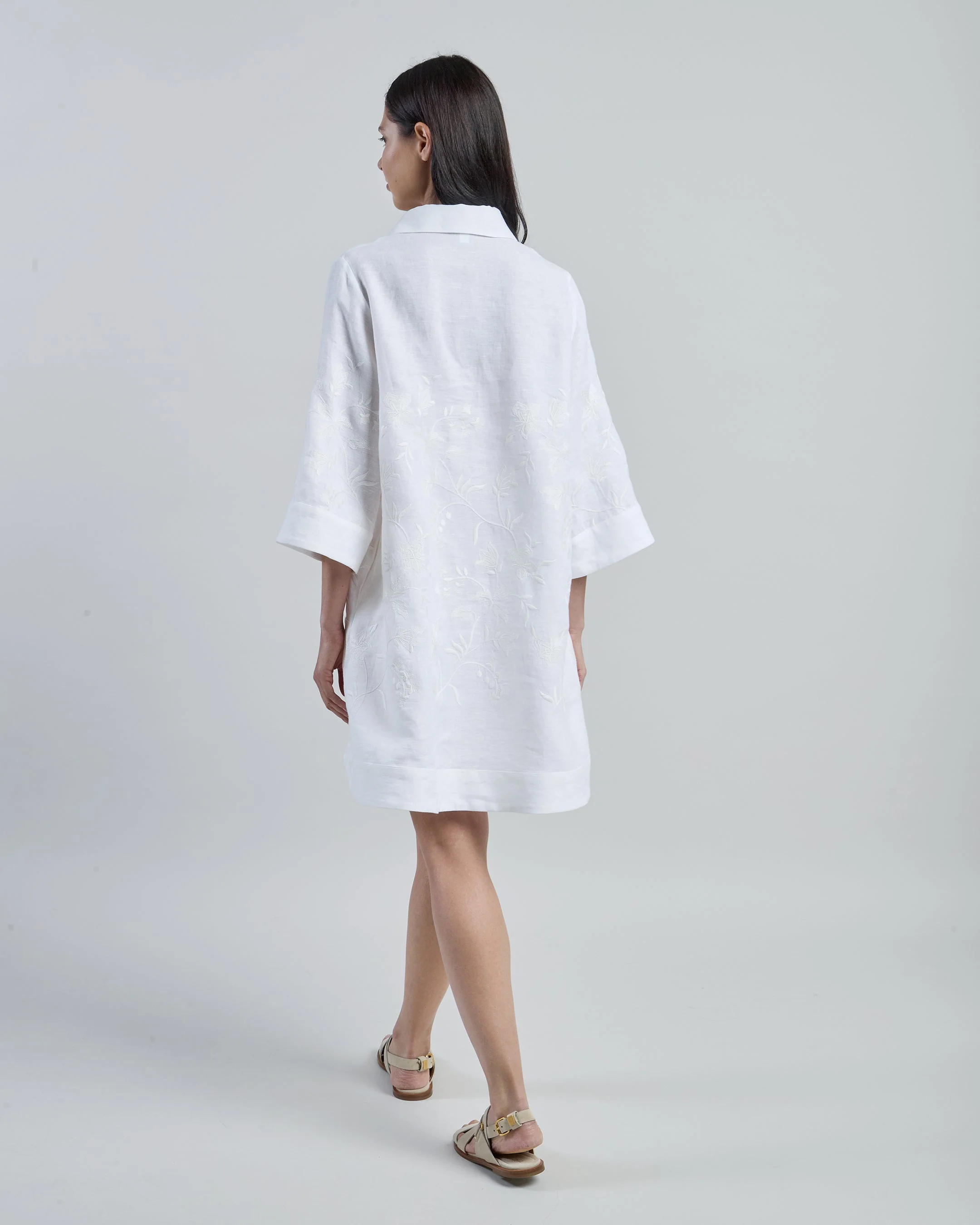 Floral Embroidered Linen Day Dress for Women | Eleventy - Image 3