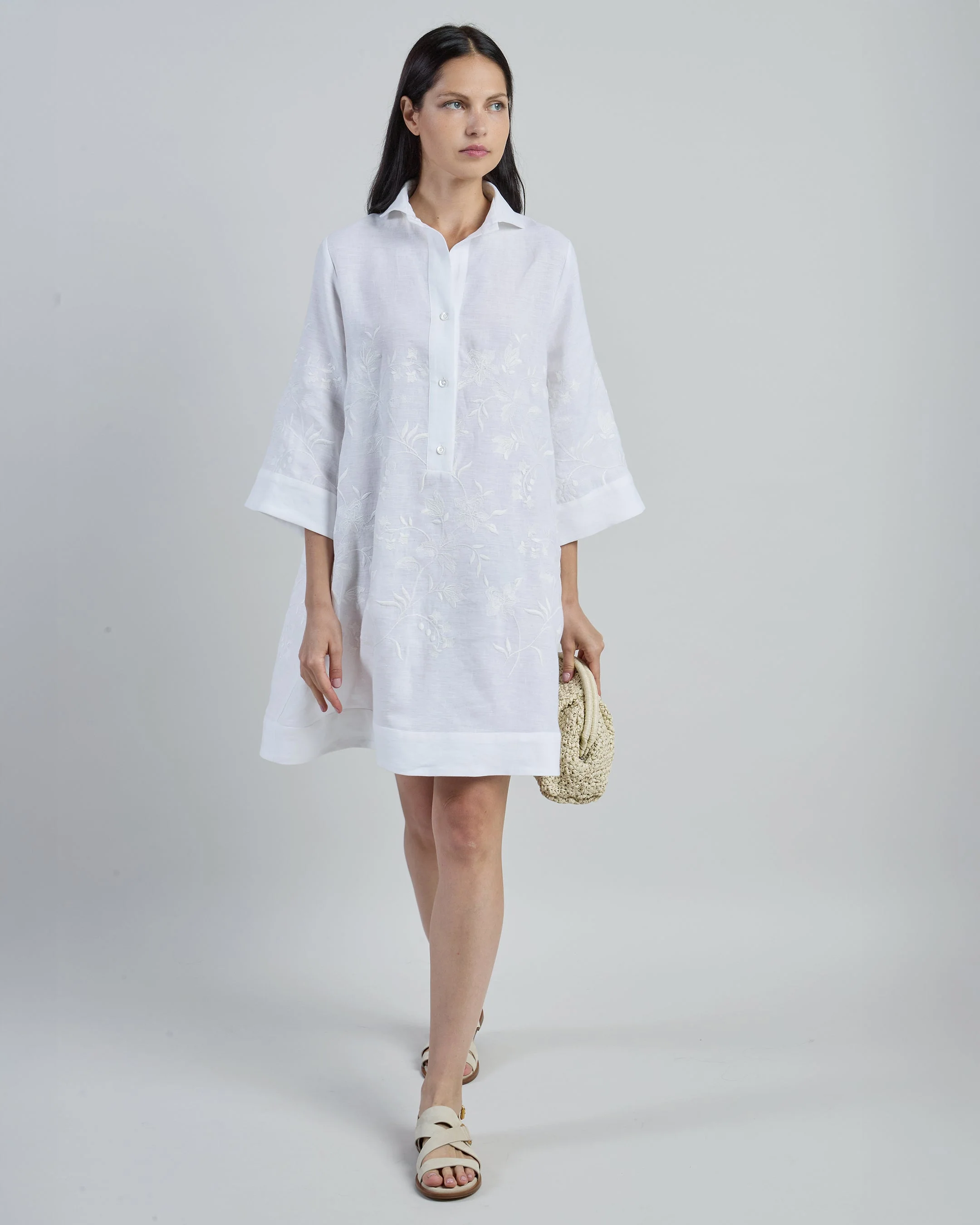 Floral Embroidered Linen Day Dress for Women | Eleventy - Image 5