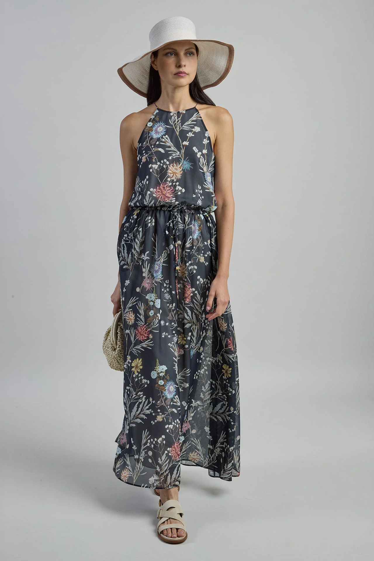 Long Sleeveless Printed Silk Dress with Floral Pattern | Eleventy - Image 10