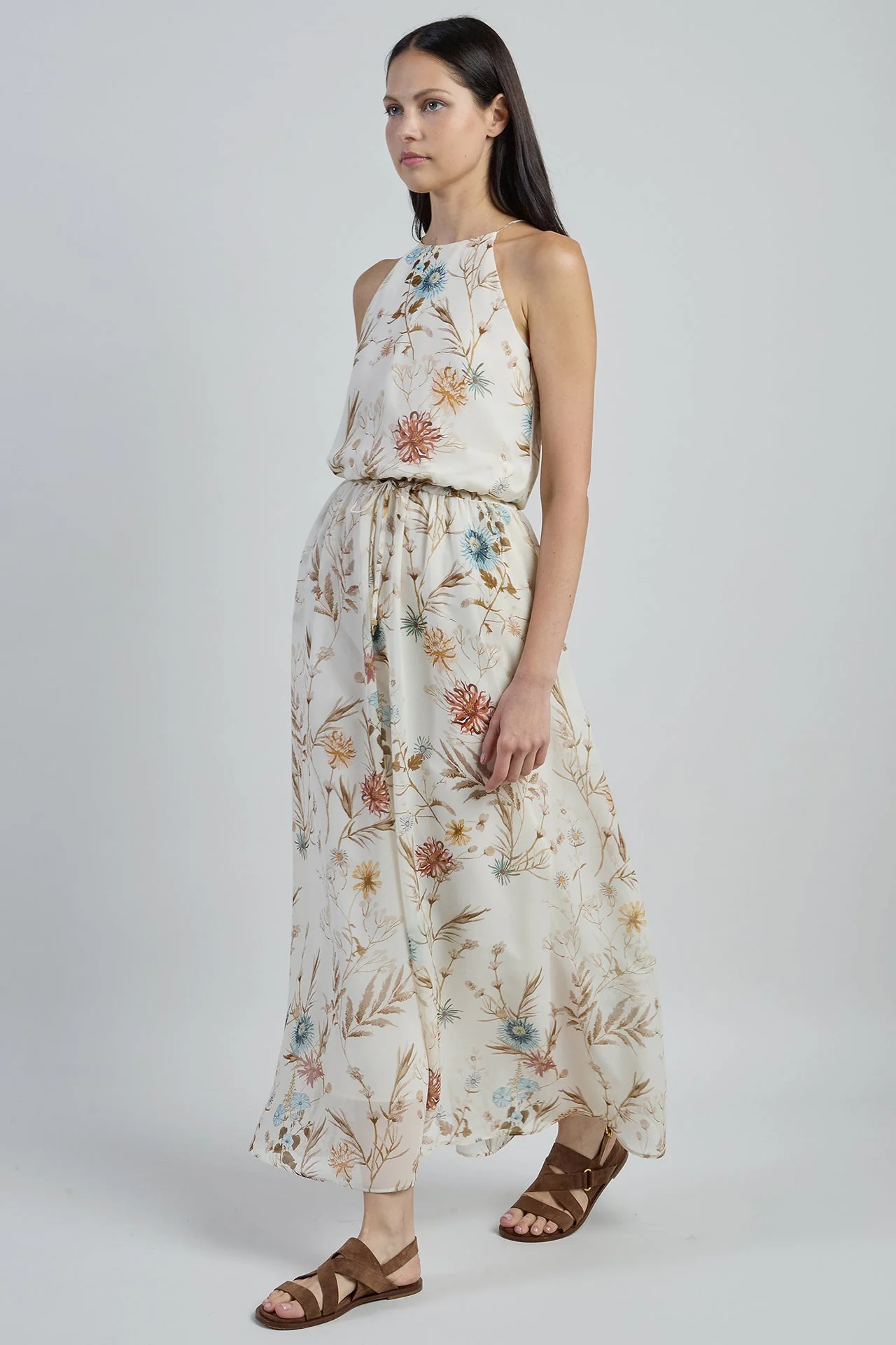 Long Sleeveless Printed Silk Dress with Floral Pattern | Eleventy - Image 3