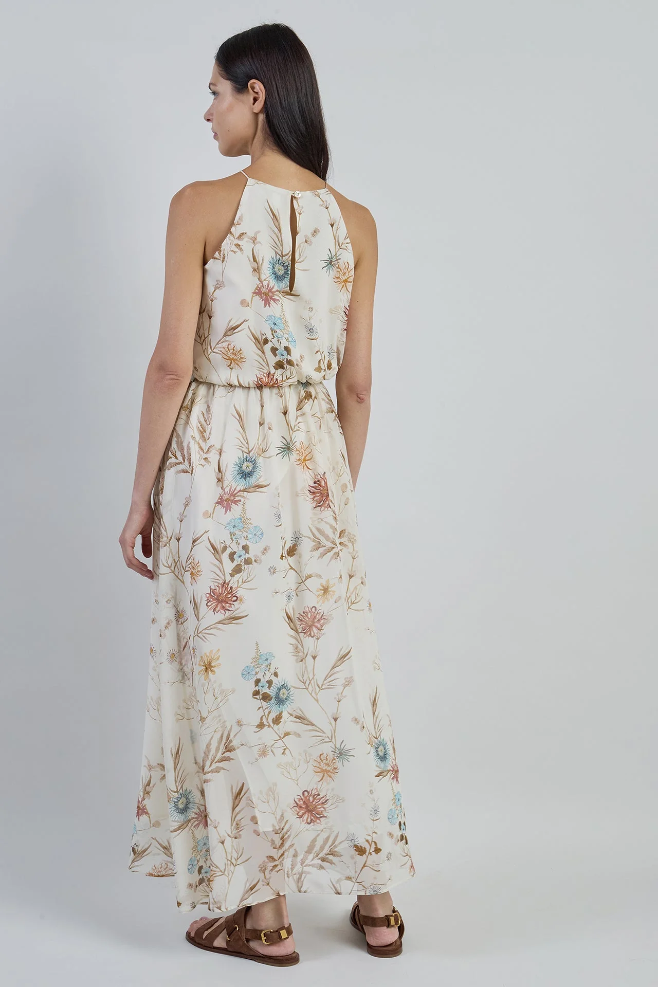 Long Sleeveless Printed Silk Dress with Floral Pattern | Eleventy - Image 4