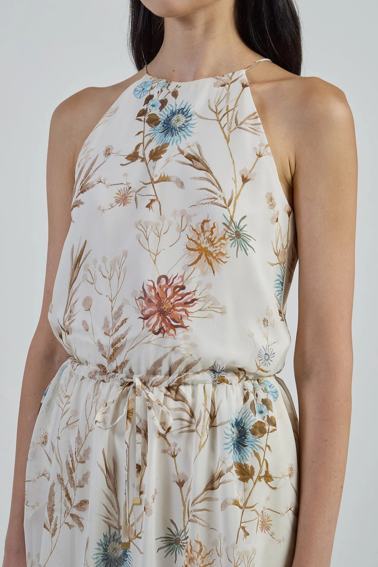 Long Sleeveless Printed Silk Dress with Floral Pattern | Eleventy - Image 5