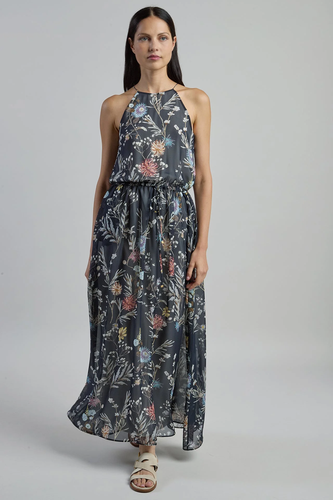 Long Sleeveless Printed Silk Dress with Floral Pattern | Eleventy - Image 7