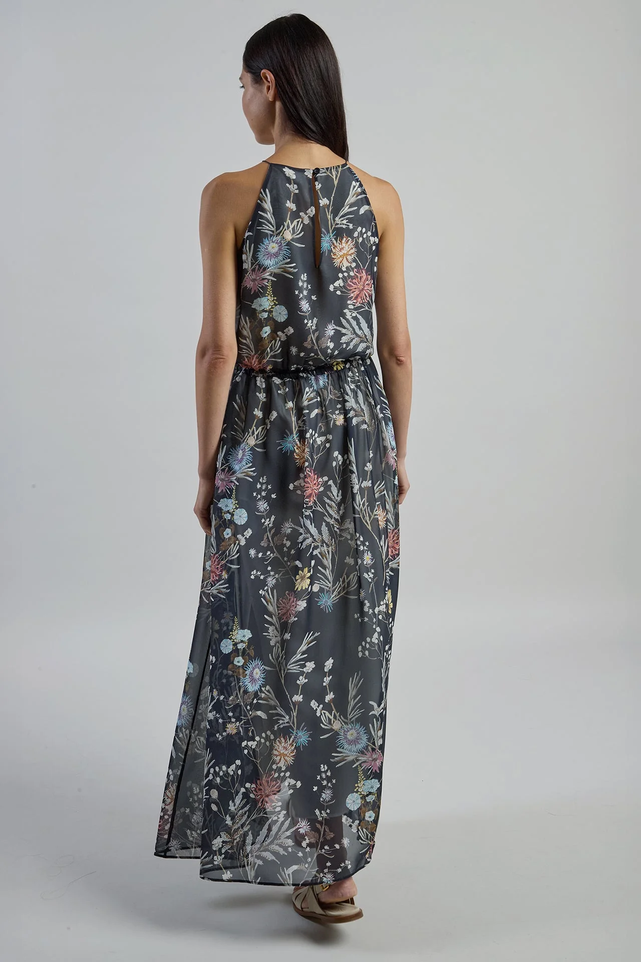 Long Sleeveless Printed Silk Dress with Floral Pattern | Eleventy - Image 8