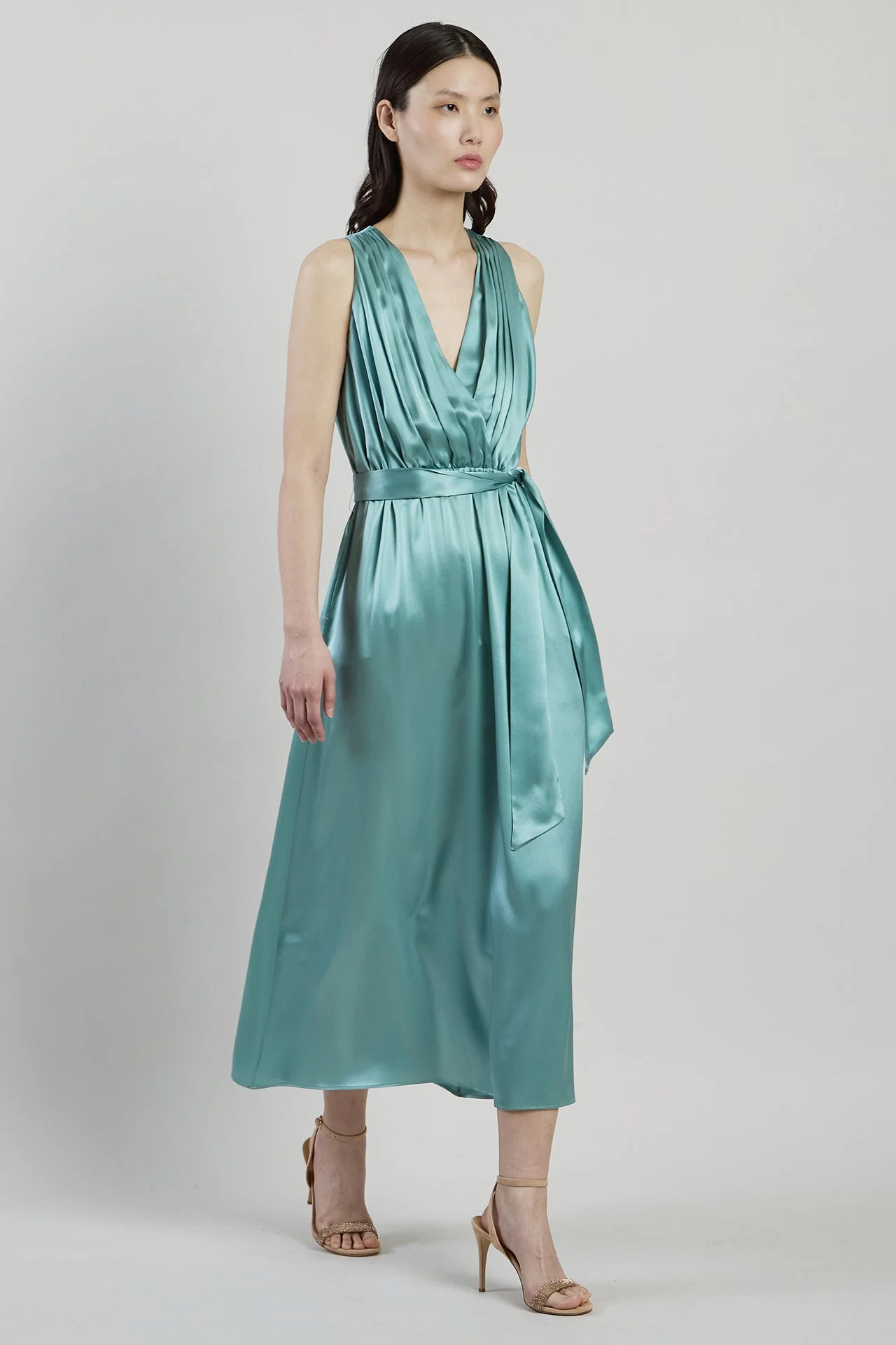 Sleeveless Double Silk Satin Maxi Dress with Pleats | Eleventy - Image 2